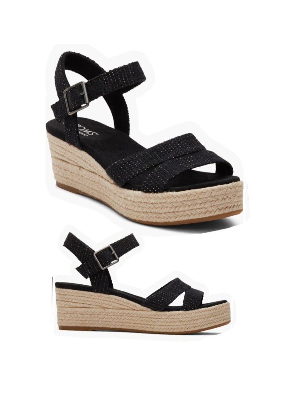 Toms Audrey Espadrilles Ankle Strap Black Metallic Wedges Women Size 9